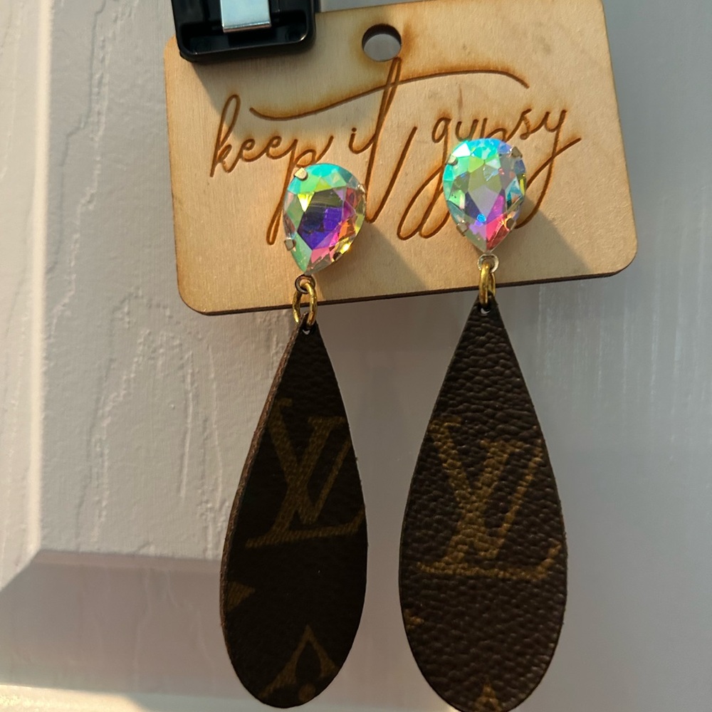 Iridescent Teardrop Crystal and Dark Brown Leather Dangle Earrings